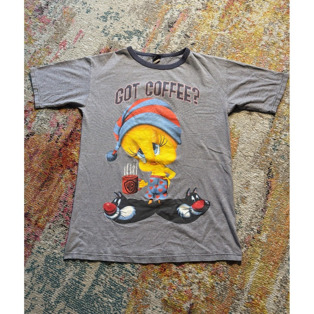 VINTAGE 1998 WARNER BROS. TWEETY BIRD 'GOT COFFEE?' STRIPED TEE